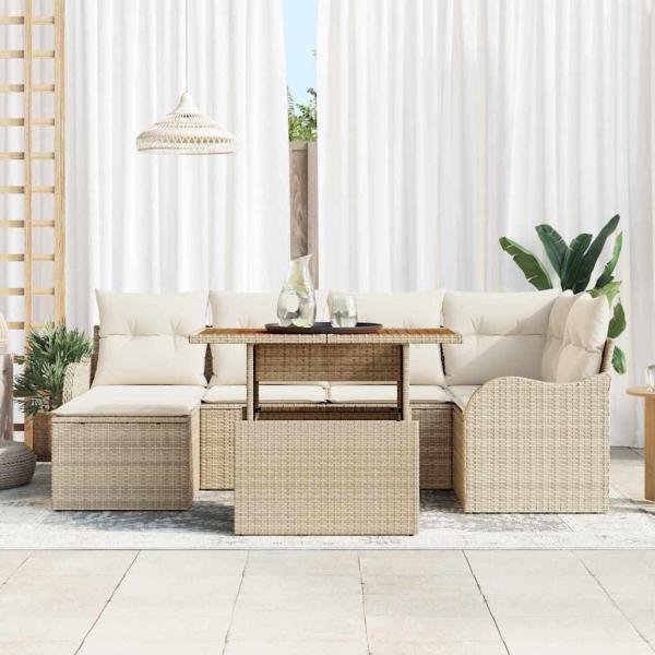 7-teiliges Garten-Sofa-Set mit Kissen Beige Poly Rattan