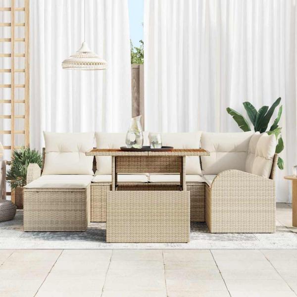 ARDEBO.de - 7-teiliges Garten-Sofa-Set mit Kissen Beige Poly Rattan