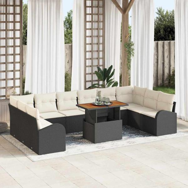 ARDEBO.de - 11-teiliges Garten-Sofa-Set mit Kissen Schwarz Poly-Rattan