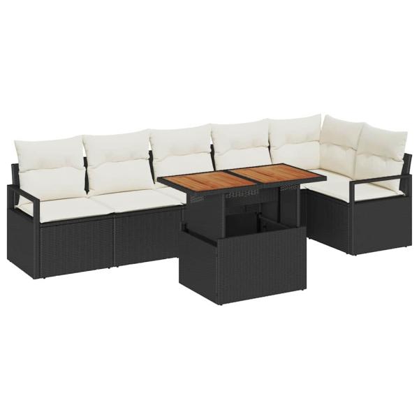7-teiliges Garten Sofa Set mit Kissen Schwarz Polyrattan