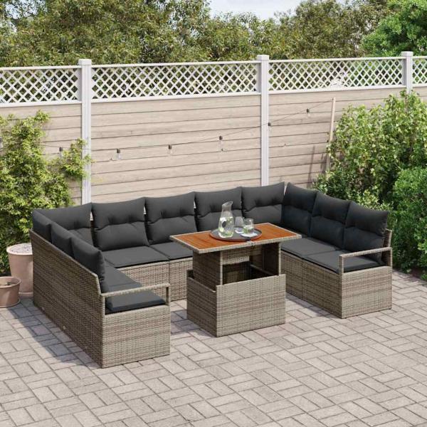 10-teiliges Garten Sofa Set mit Kissen Grau Poly Rattan