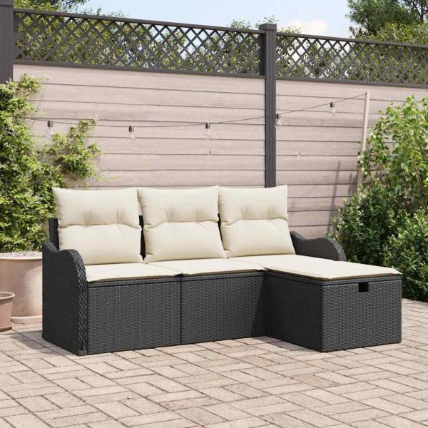 ARDEBO.de - 4-teiliges Garten-Sofa-Set mit Kissen aus schwarzem Poly-Rattan