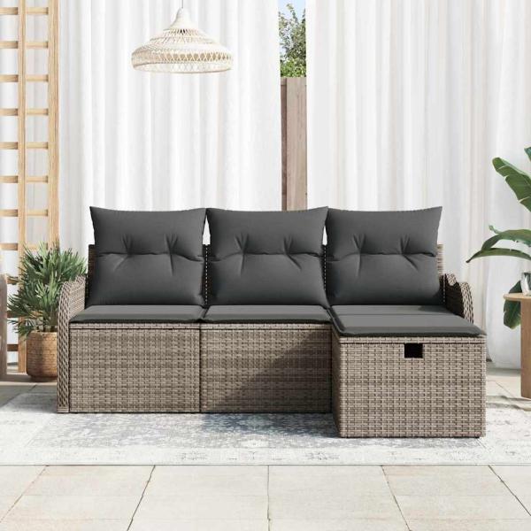 4-teiliges Garten Sofa Set mit Kissen Grau Poly-Rattan