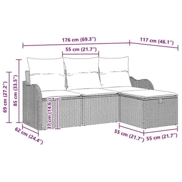 4-teiliges Garten Sofa Set mit Kissen Grau Poly-Rattan