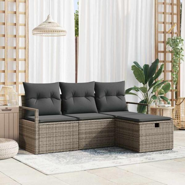 ARDEBO.de - 4-teiliges Garten Sofa Set mit Kissen Grau Poly Rattan