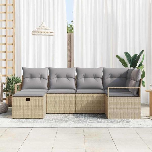 6-teiliges Garten-Sofa Set mit Kissen Beige Poly Rattan