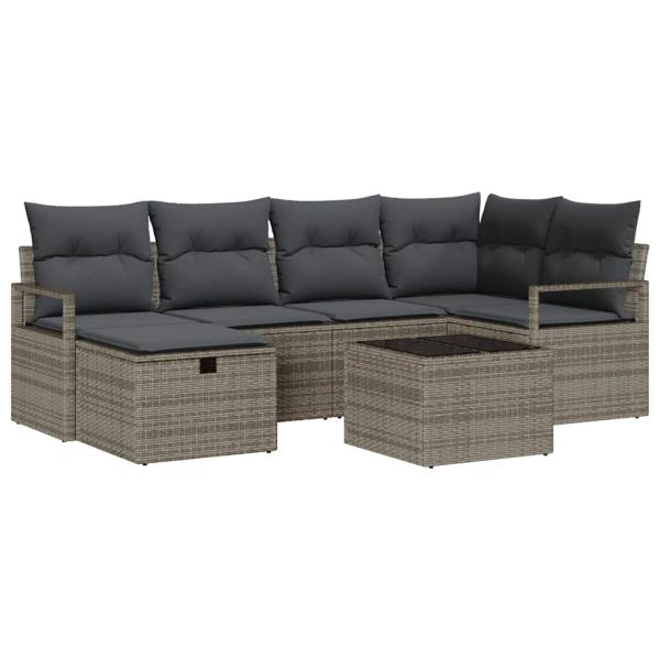 7-teilige Garten Sofa Set mit Kissen Grau Poly Rattan