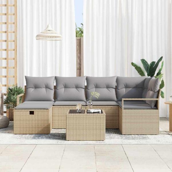 ARDEBO.de - 7-teiliges Garten Sofa Set mit Kissen Beige Poly Rattan