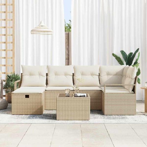 7-teiliges Garten-Sofa-Set mit Kissen Beige Poly-Rattan