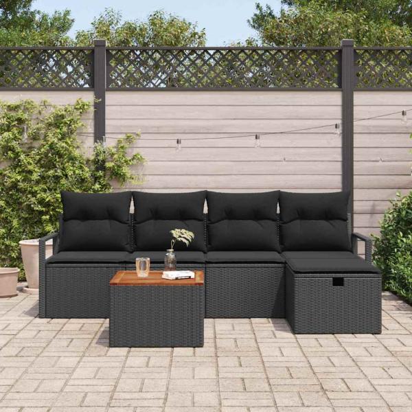 6-teiliges Garten Sofa Set mit Kissen Schwarz Poly Rattan