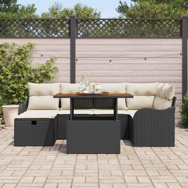 7-teiliges Garten Sofa Set mit Kissen Schwarz Poly Rattan