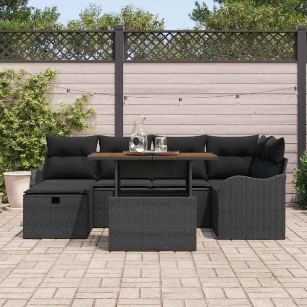 7-teiliges Garten Sofa Set mit Kissen Schwarz Poly Rattan