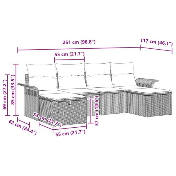 6-teilige Garten Sofa Set mit Kissen Graues Poly Rattan