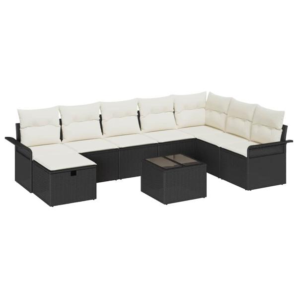 9-teiliges Garten-Sofa-Set mit Kissen in Schwarz und Poly Rattan