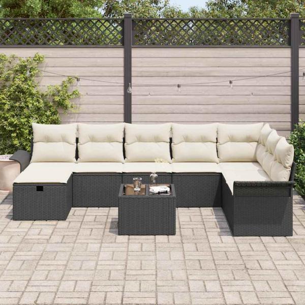 9-teiliges Garten-Sofa-Set mit Kissen in Schwarz und Poly Rattan