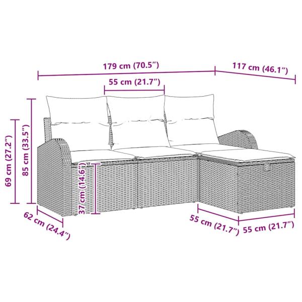 4-teiliges Garten Sofa Set mit Kissen Grau Poly Rattan