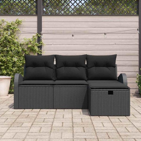 ARDEBO.de - 4-teiliges Garten-Sofa Set mit Kissen Schwarz Poly Rattan