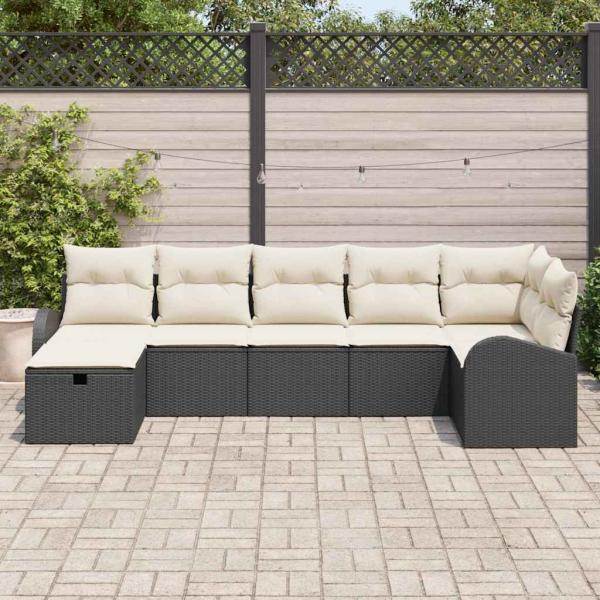 7-teiliges Garten-Sofaset mit Kissen schwarz Poly Rattan