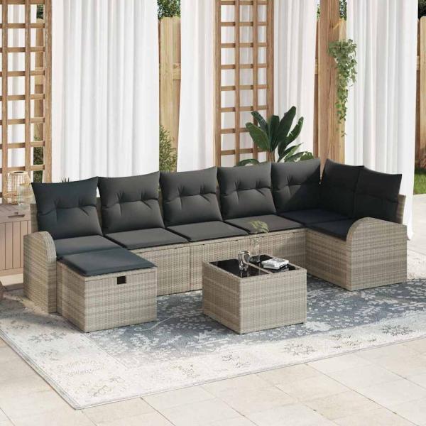 ARDEBO.de - 8-teiliges Garten Sofa Set mit Kissen in Hellgrau aus Poly Rattan