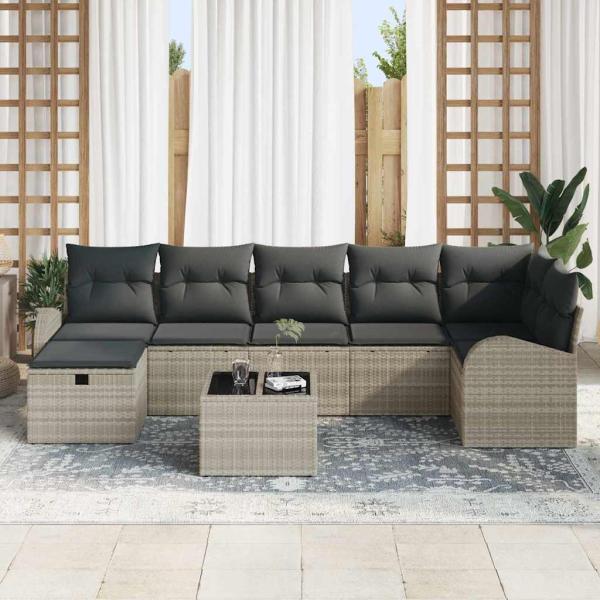 8-teiliges Garten Sofa Set mit Kissen in Hellgrau aus Poly Rattan
