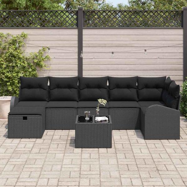 8-teiliges Garten Sofa Set mit Kissen aus schwarzem Poly Rattan