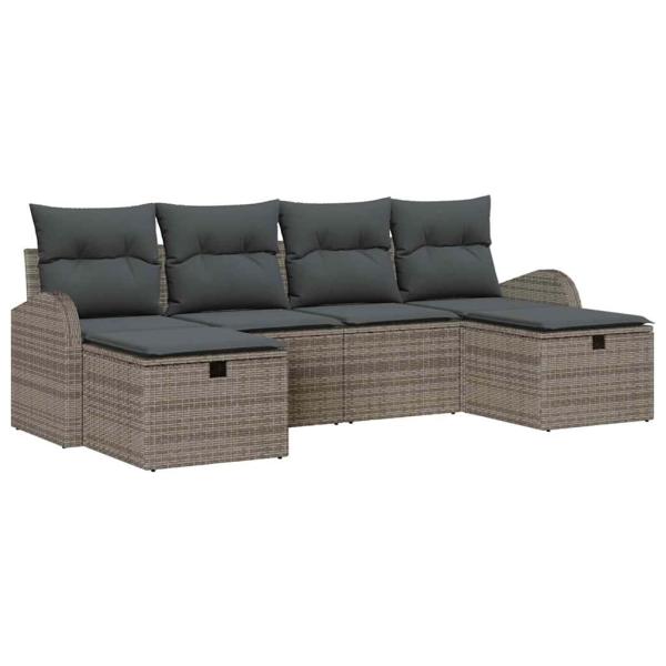 6-teiliges Garten-Sofa-Set mit Kissen, graues Poly-Rattan