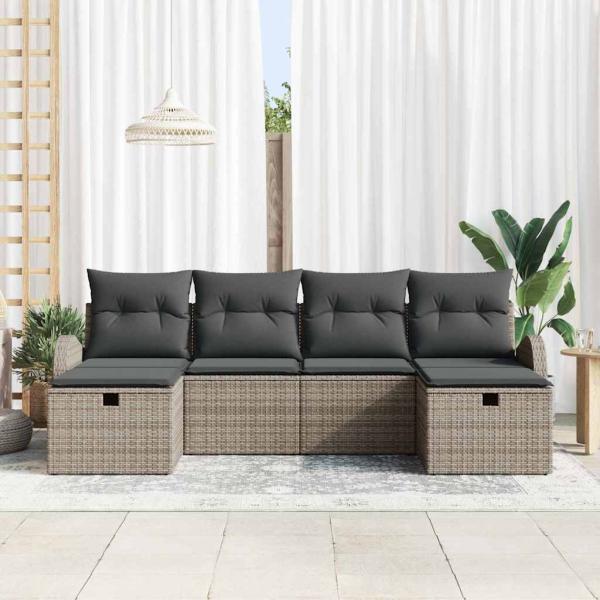 6-teiliges Garten-Sofa-Set mit Kissen, graues Poly-Rattan