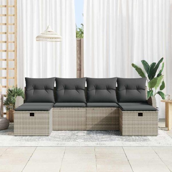 6-teiliges Garten Sofa Set mit Kissen Hellgrau Poly Rattan