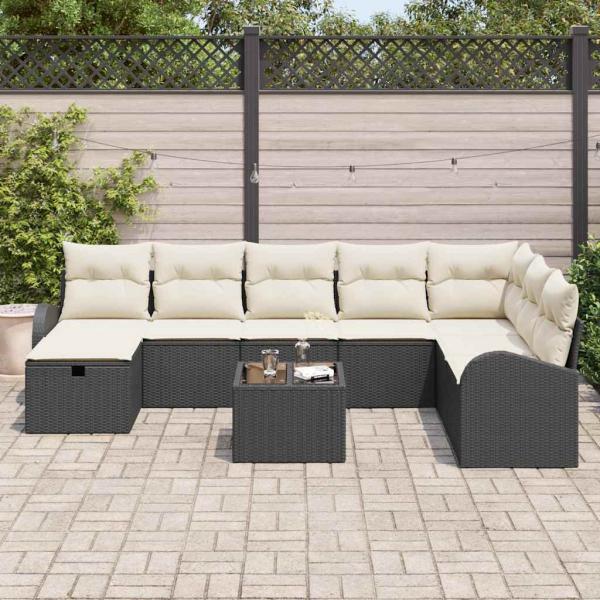 9-teiliges Garten-Sofa-Set mit Kissen Schwarz Poly-Rattan