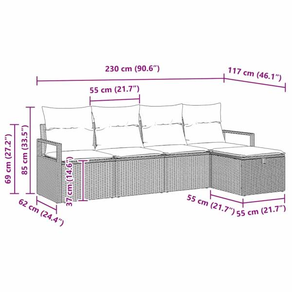 5-teiliges Garten Sofa Set mit Kissen Graues Poly Rattan