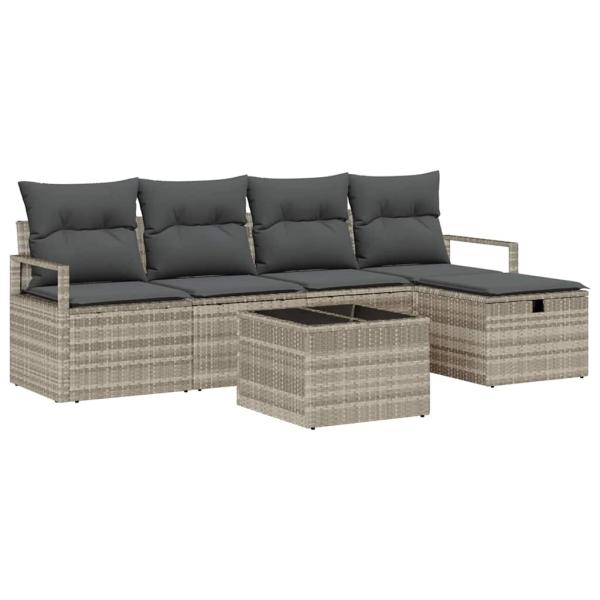 6-teiliges Garten-Sofa-Set mit Kissen Hellgrau Poly-Rattan