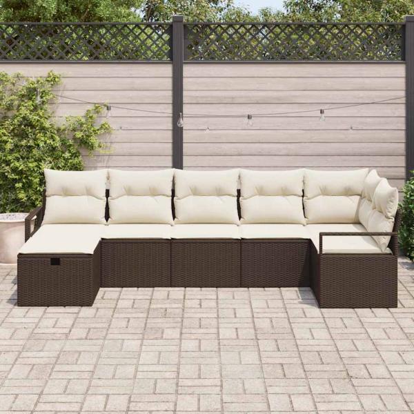 7-teiliges Garten-Sofa-Set mit Kissen Braun Poly-Rattan