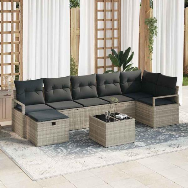 ARDEBO.de - 8-teiliges Garten-Sofa-Set mit Kissen in Hellgrau Poly Rattan
