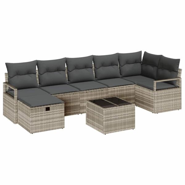 8-teiliges Garten-Sofa-Set mit Kissen in Hellgrau Poly Rattan