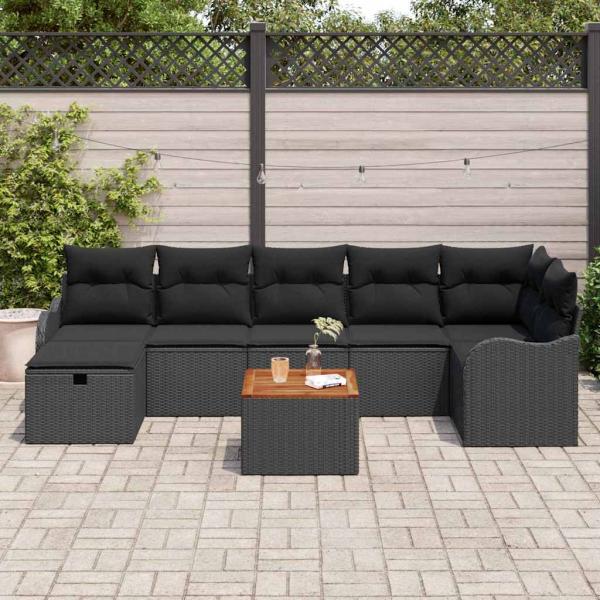 8-teiliges Garten Sofa Set mit Kissen Schwarz Poly Rattan