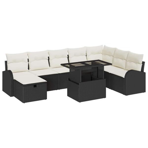 9-teiliges Garten Sofaset mit Kissen Schwarz Poly Rattan