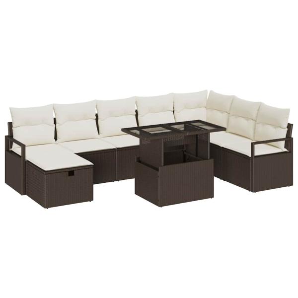9-teiliges Garten Sofa Set mit Kissen Braun Poly Rattan
