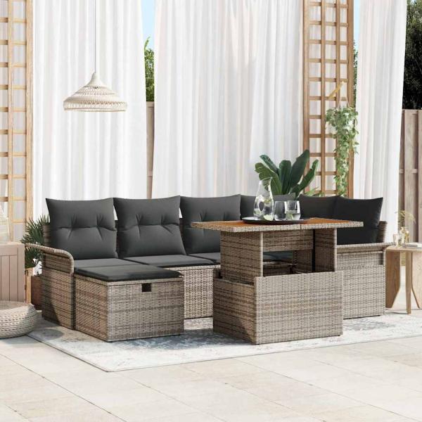 ARDEBO.de - 7-teiliges Garten Sofa Set mit Kissen Grau Poly Rattan