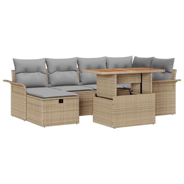 7-teiliges Garten Sofa Set mit Kissen Beige Poly Rattan