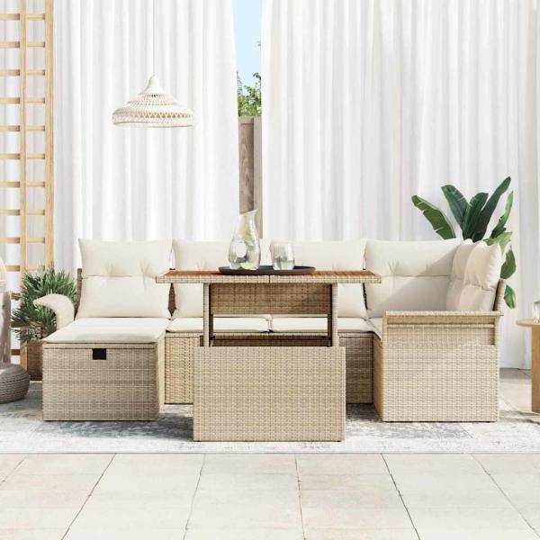 7-teiliges Garten Sofa Set mit Kissen Beige Poly-Rattan