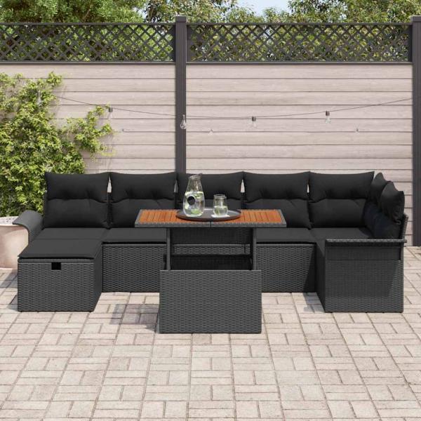 8-teiliges Garten Sofa Set mit Kissen Schwarz Poly Rattan