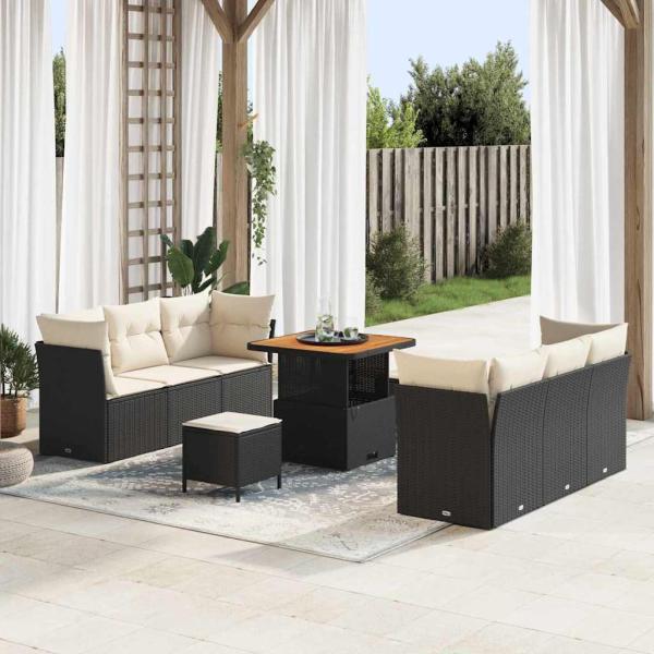 ARDEBO.de - 9-teiliges Garten-Sofa-Set mit Kissen aus schwarzem Poly-Rattan