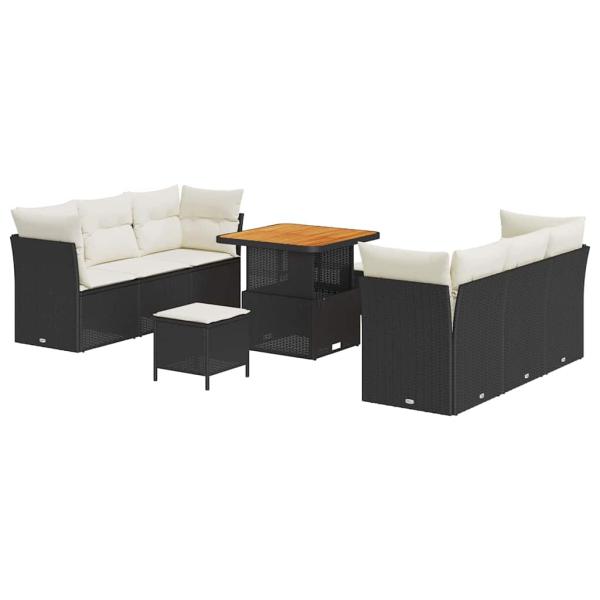 9-teiliges Garten-Sofa-Set mit Kissen aus schwarzem Poly-Rattan