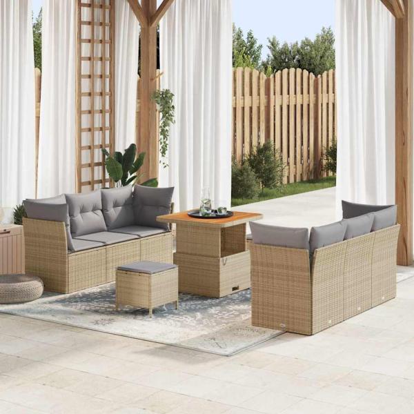 ARDEBO.de - 9-teiliges Garten Sofa Set mit Kissen Beige Poly Rattan Akazie