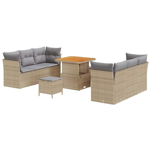 9-teiliges Garten Sofa Set mit Kissen Beige Poly Rattan Akazie
