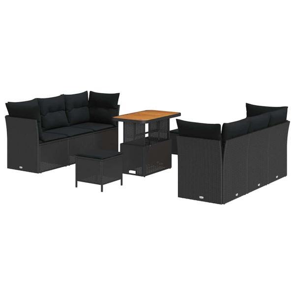 9-teiliges Garten Sofa Set mit Kissen Schwarz Poly Rattan Akazie