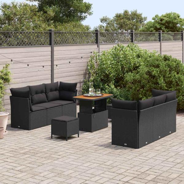 9-teiliges Garten Sofa Set mit Kissen Schwarz Poly Rattan Akazie