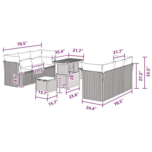 9-teiliges Garten Sofa Set mit Kissen Schwarz Poly Rattan Akazie