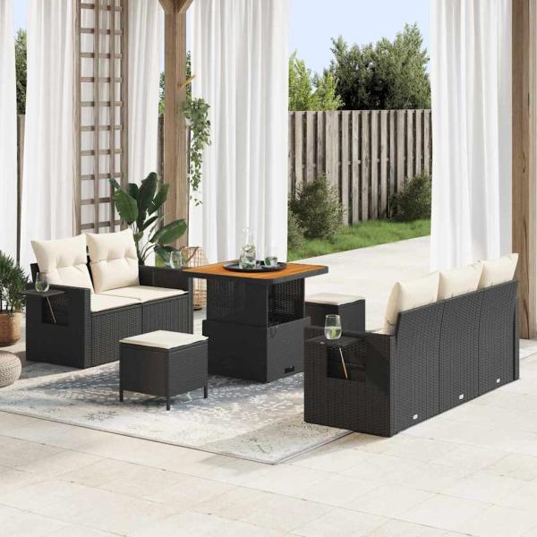 ARDEBO.de - 8-teiliges Garten Sofa Set mit Kissen Schwarz Poly Rattan Akazie