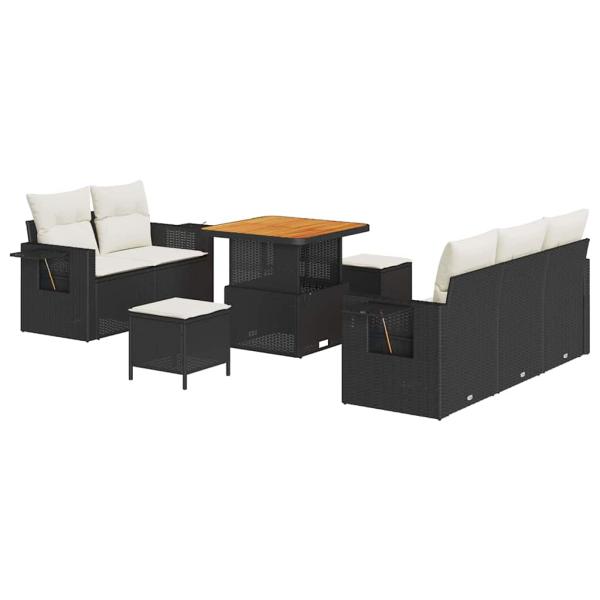 8-teiliges Garten Sofa Set mit Kissen Schwarz Poly Rattan Akazie